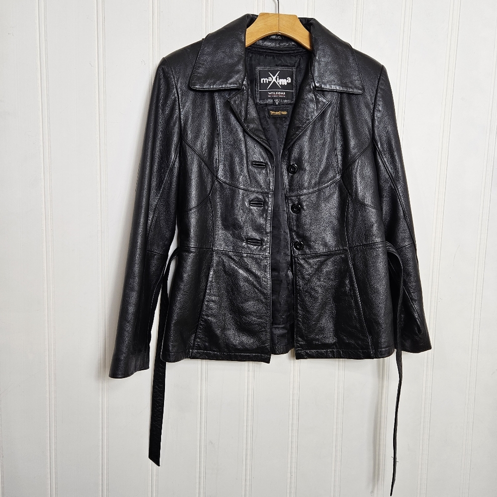 Vintage Wilson Maxima Black Leather Belted Trench Coat Jacket Size S Cinch Waist - Picture 7 of 12